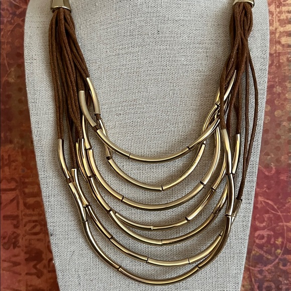 Striking St. Thomas Multistrand choker with moving gold tone crescent tube beads - Picture 2 of 7